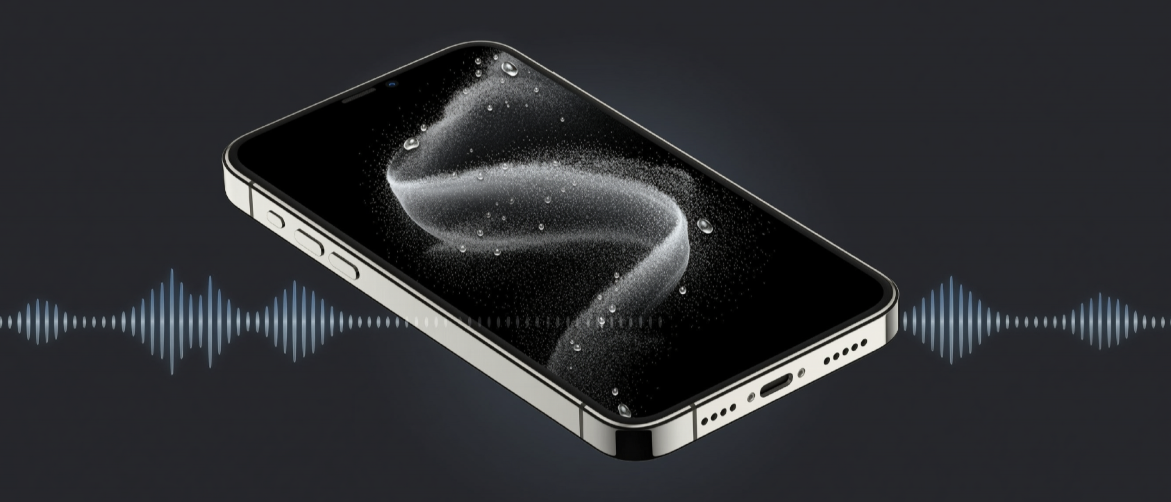 Dust Cleaner header artwork showing an iPhone, sound waves, dust, and water droplets.