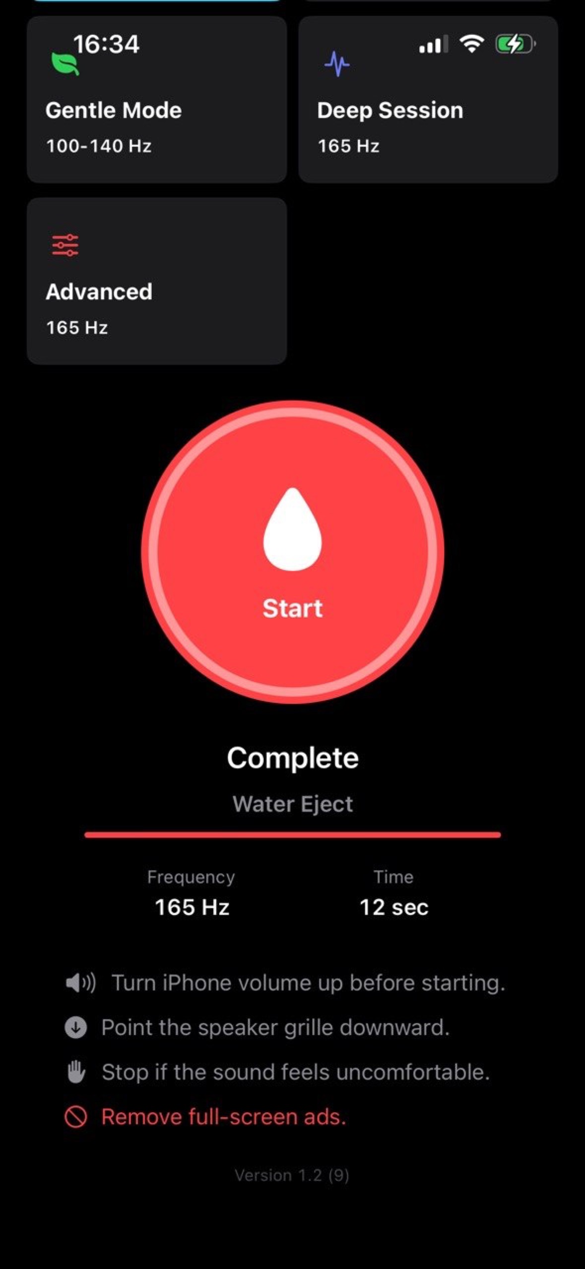 Dust Cleaner main screen with mode cards, Start button, completion status, frequency, and time.