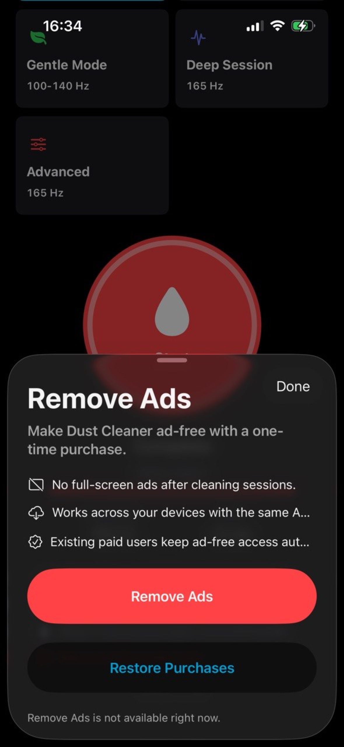 Dust Cleaner Remove Ads sheet with purchase and restore controls.