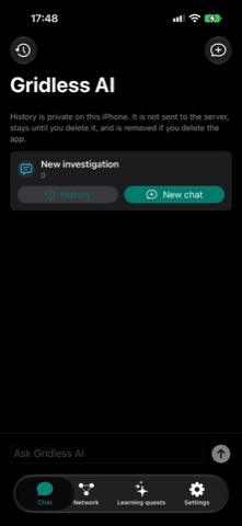 Gridless AI network status screen.