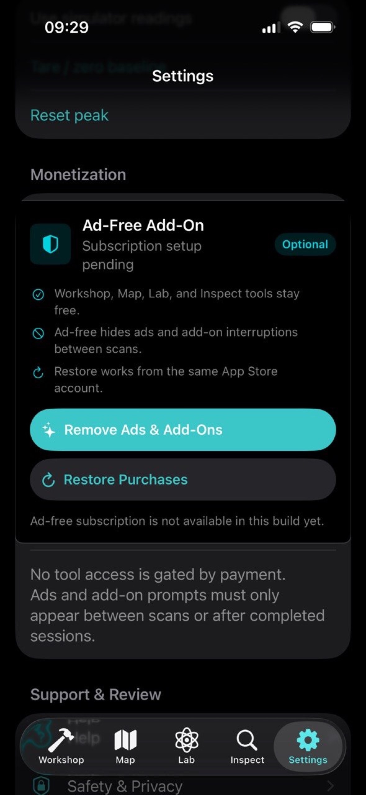 Magnetic Multi-Tool Settings screen with language, help, safety, and ad-free purchase controls.