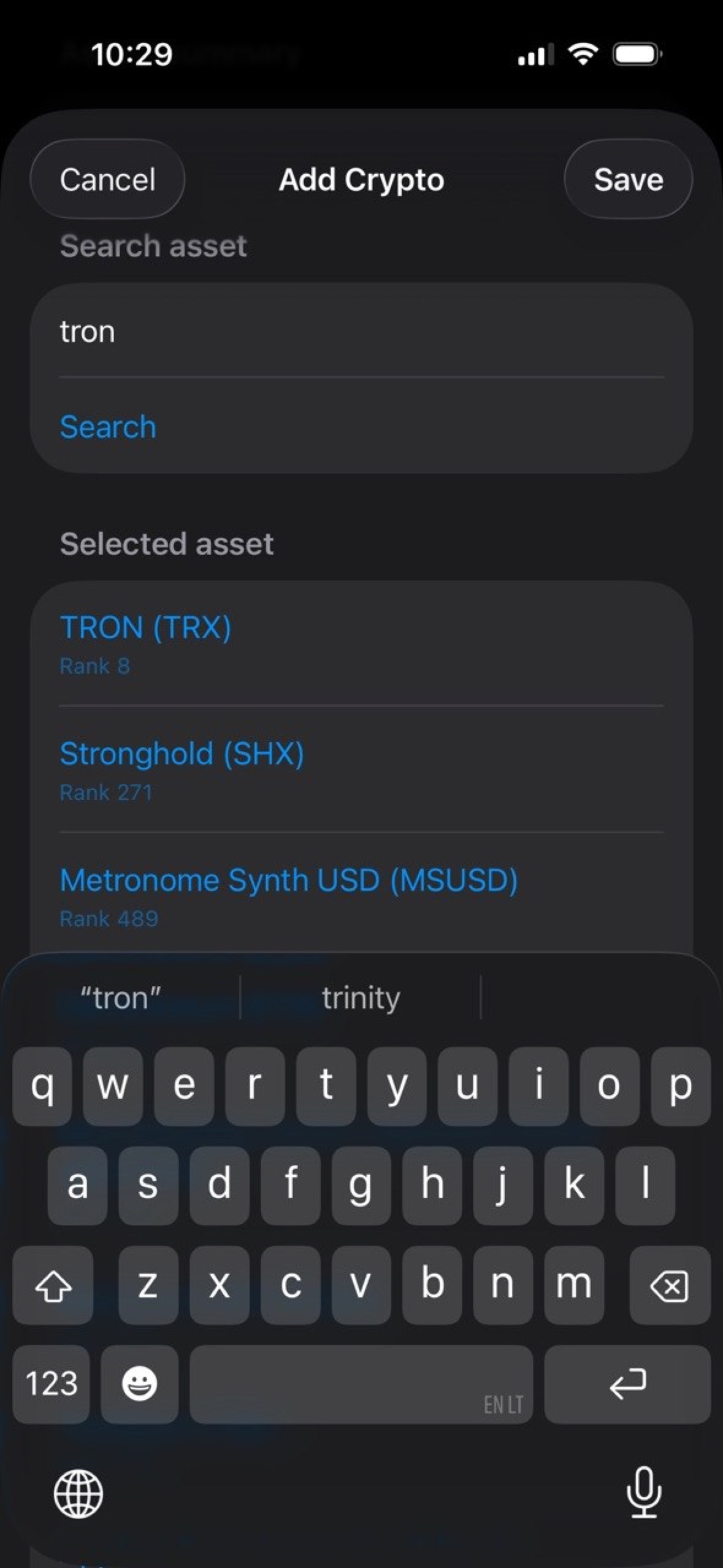 MyFinance Add Crypto screen showing a TRON search result list.