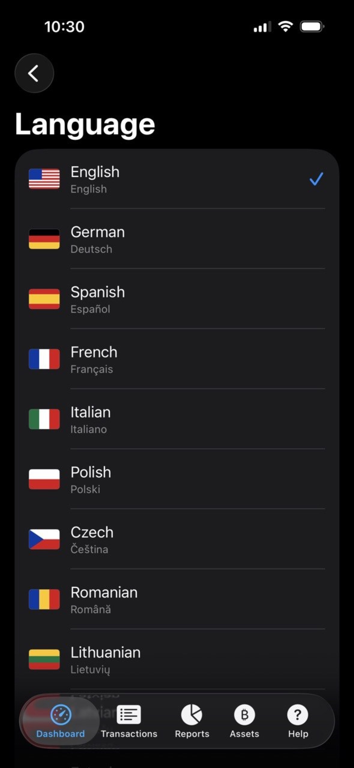 MyFinance language settings showing supported languages.