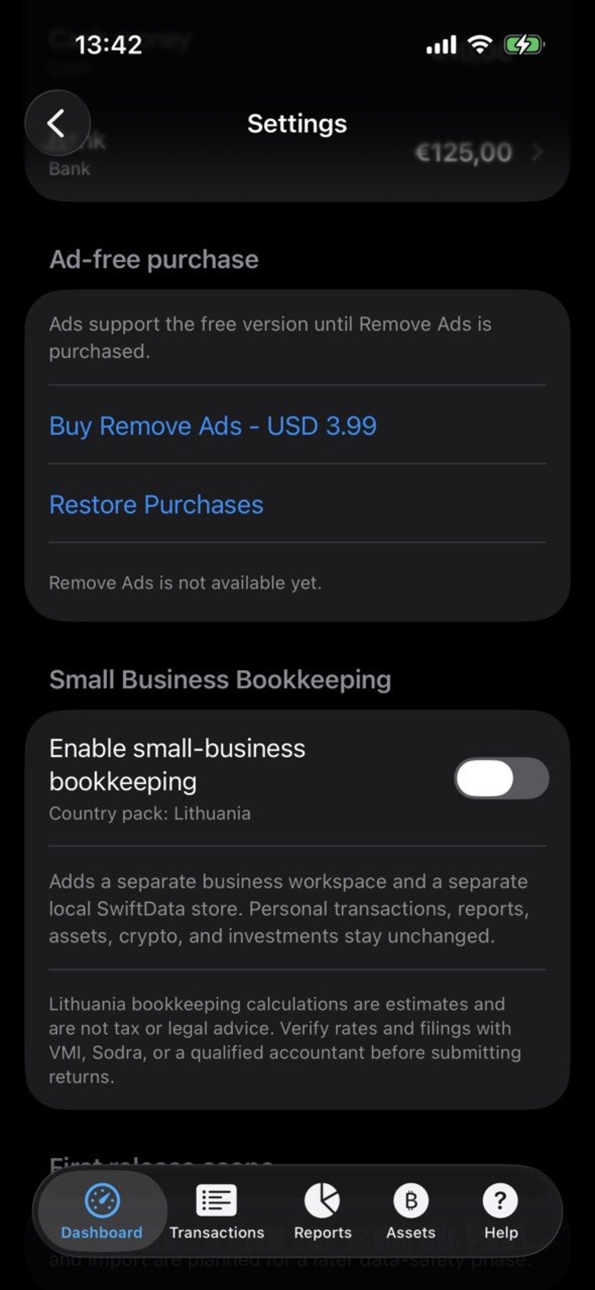 MyFinance Settings screen with Buy Remove Ads and Restore Purchases controls.