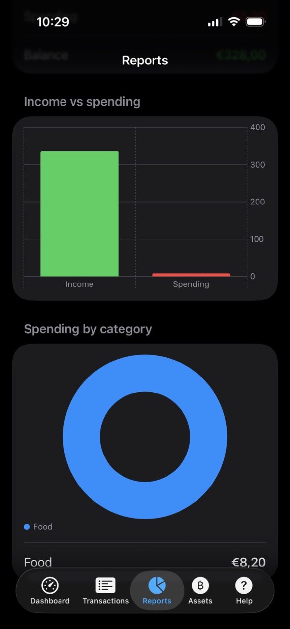 MyFinance reports screen with income versus spending chart and category breakdown.