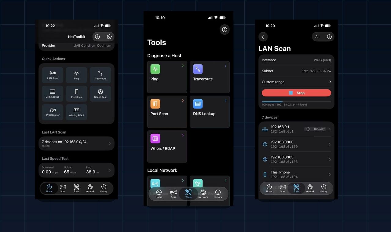 NetToolkit iPhone screens showing the home dashboard, grouped tools, and LAN scan results.