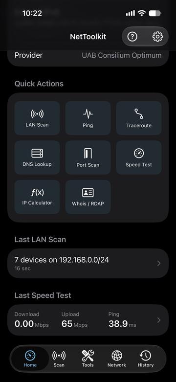 NetToolkit home dashboard with quick actions and recent results.