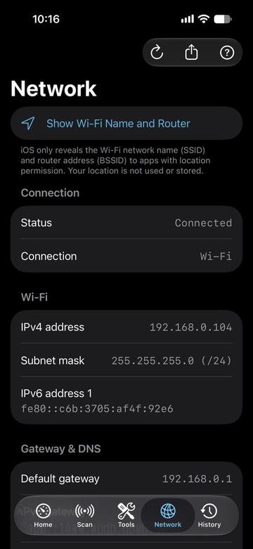 NetToolkit network details screen.