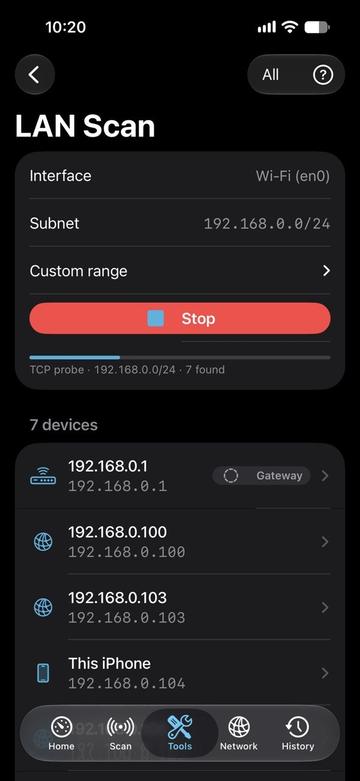 NetToolkit LAN scan results with discovered devices.