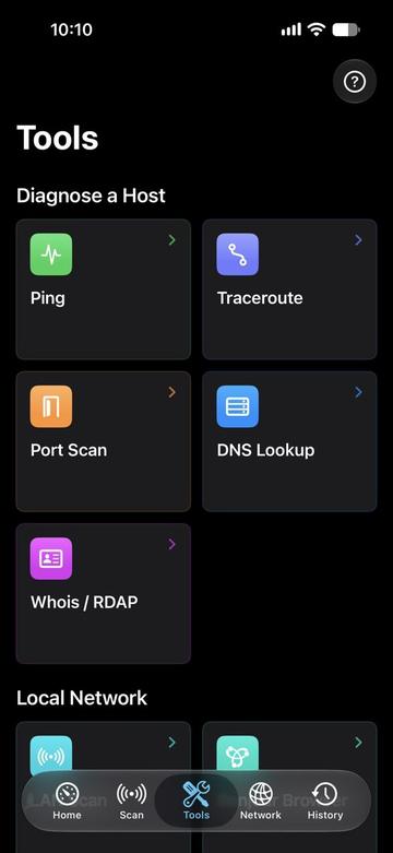 NetToolkit grouped diagnostic tools screen.