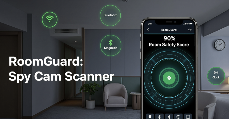 RoomGuard product artwork showing an iPhone scanner interface in a room inspection scene.