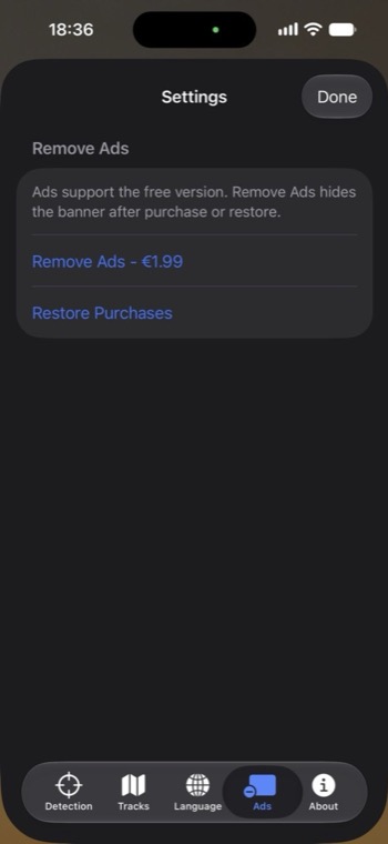 Vozhyk Remove Ads screen with purchase and restore controls.